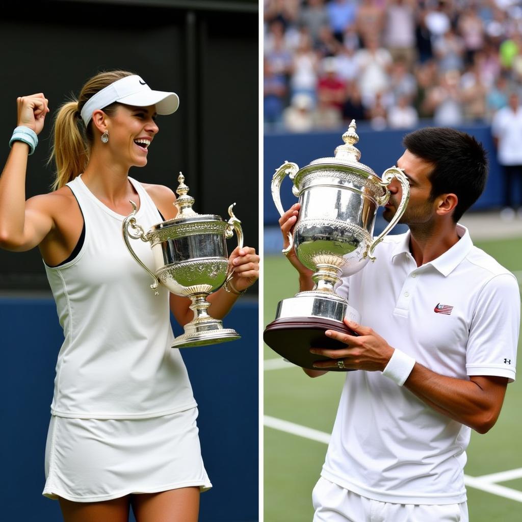 Maria Sharapova and Novak Djokovic celebrating Grand Slam victories