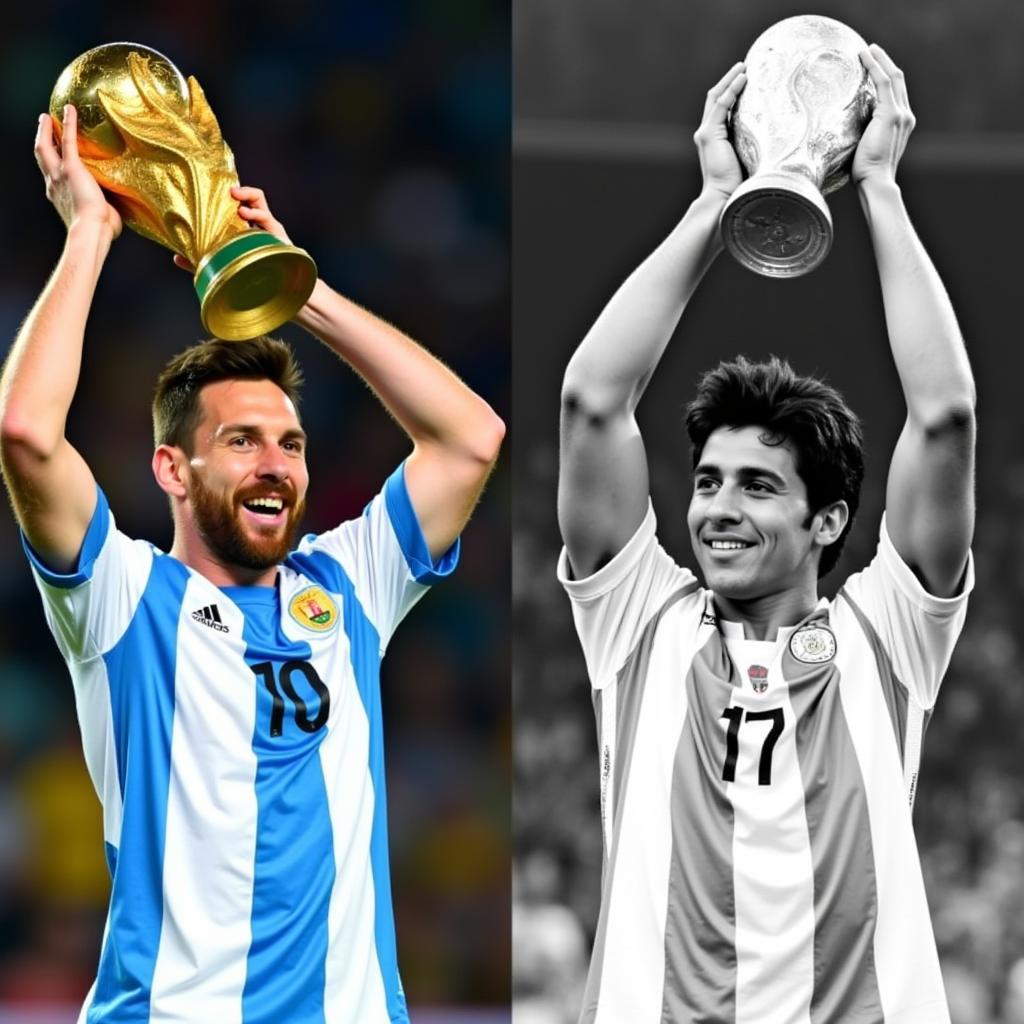 Messi và Maradona nâng cao chiếc cúp vàng World Cup