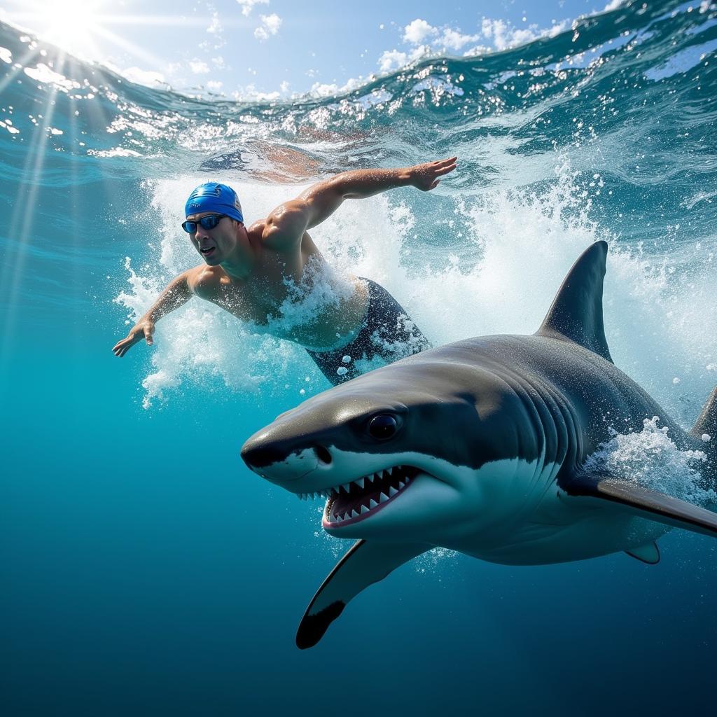 Michael Phelps racing a shark in open water