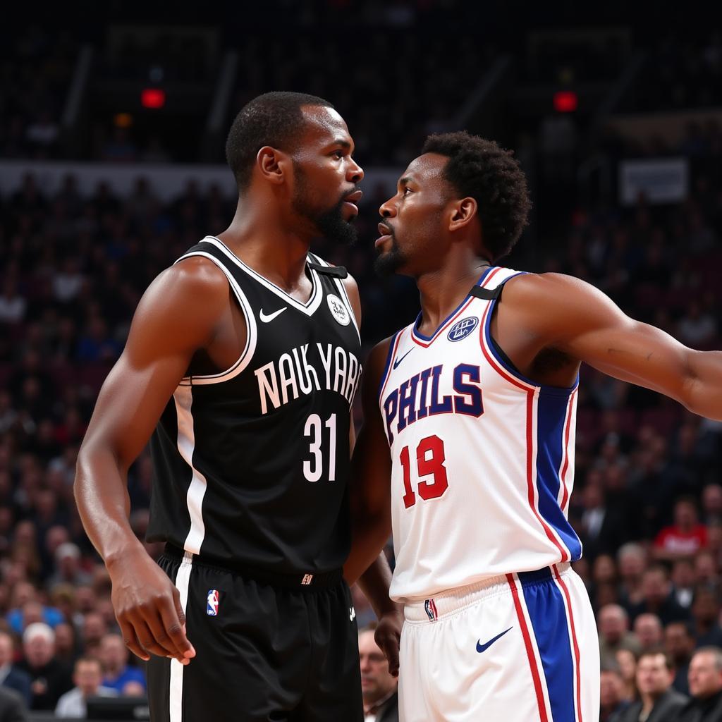 Kevin Durant và Joel Embiid trong một pha tranh bóng nảy lửa