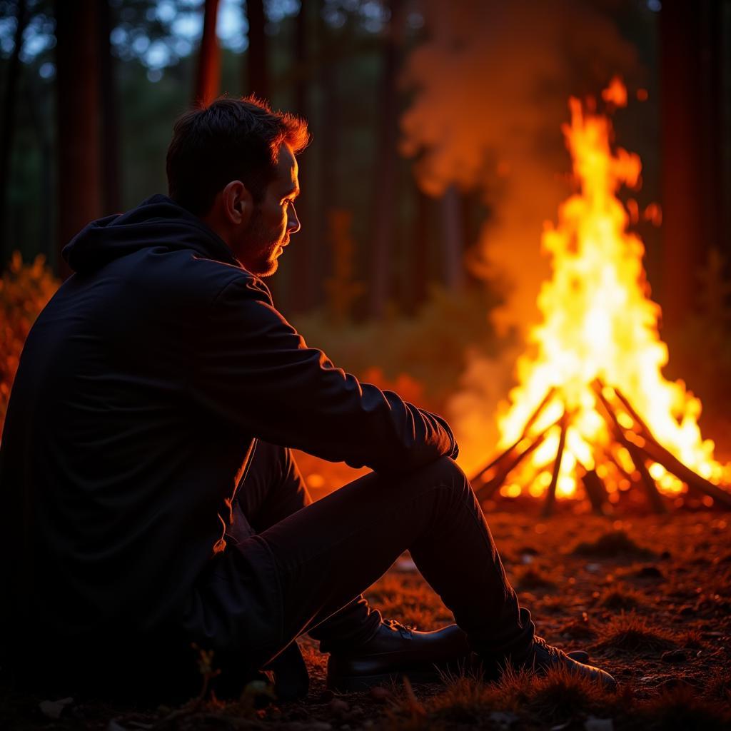 A man gazing at a bonfire, contemplating the flames