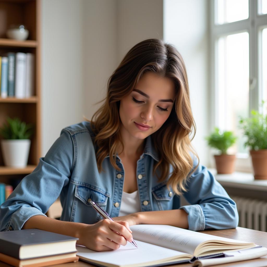 A woman writing in a book