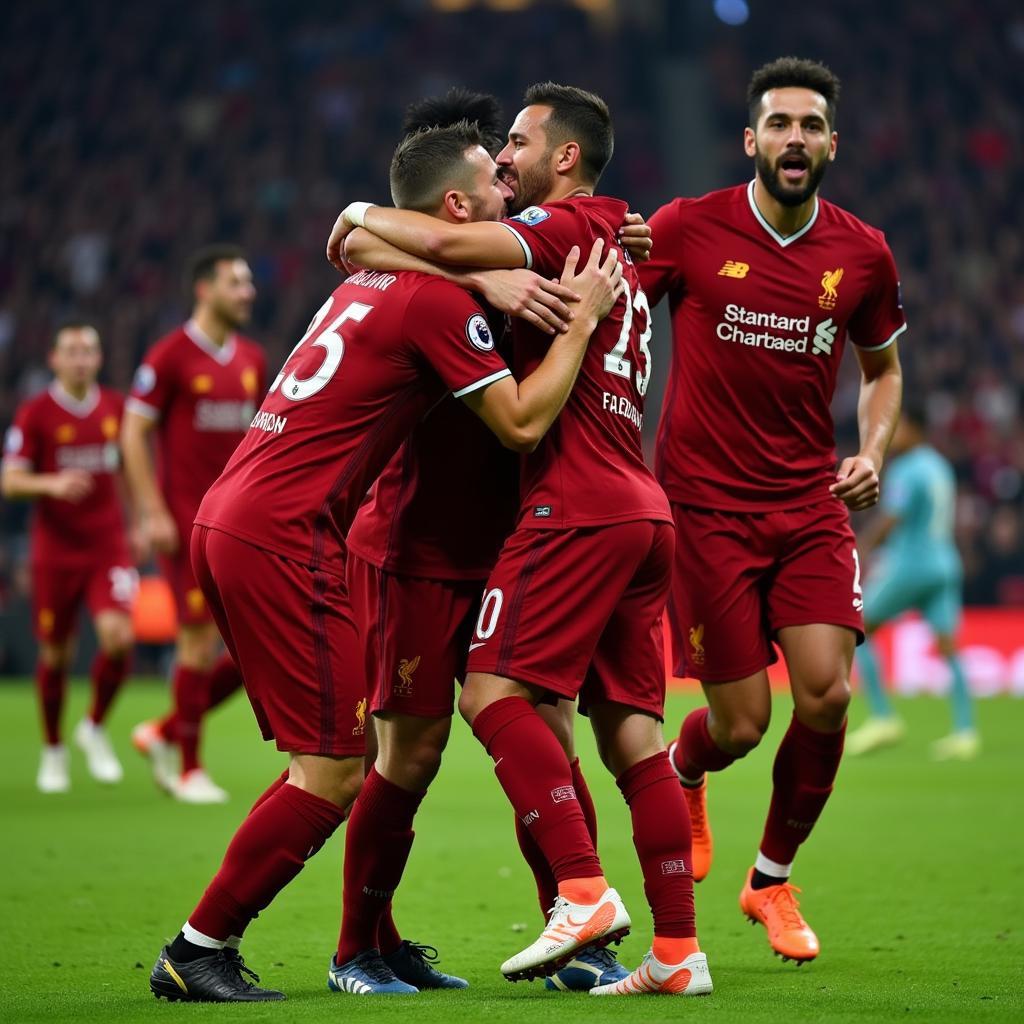 Cầu thủ Liverpool ăn mừng bàn thắng vào lưới PSG