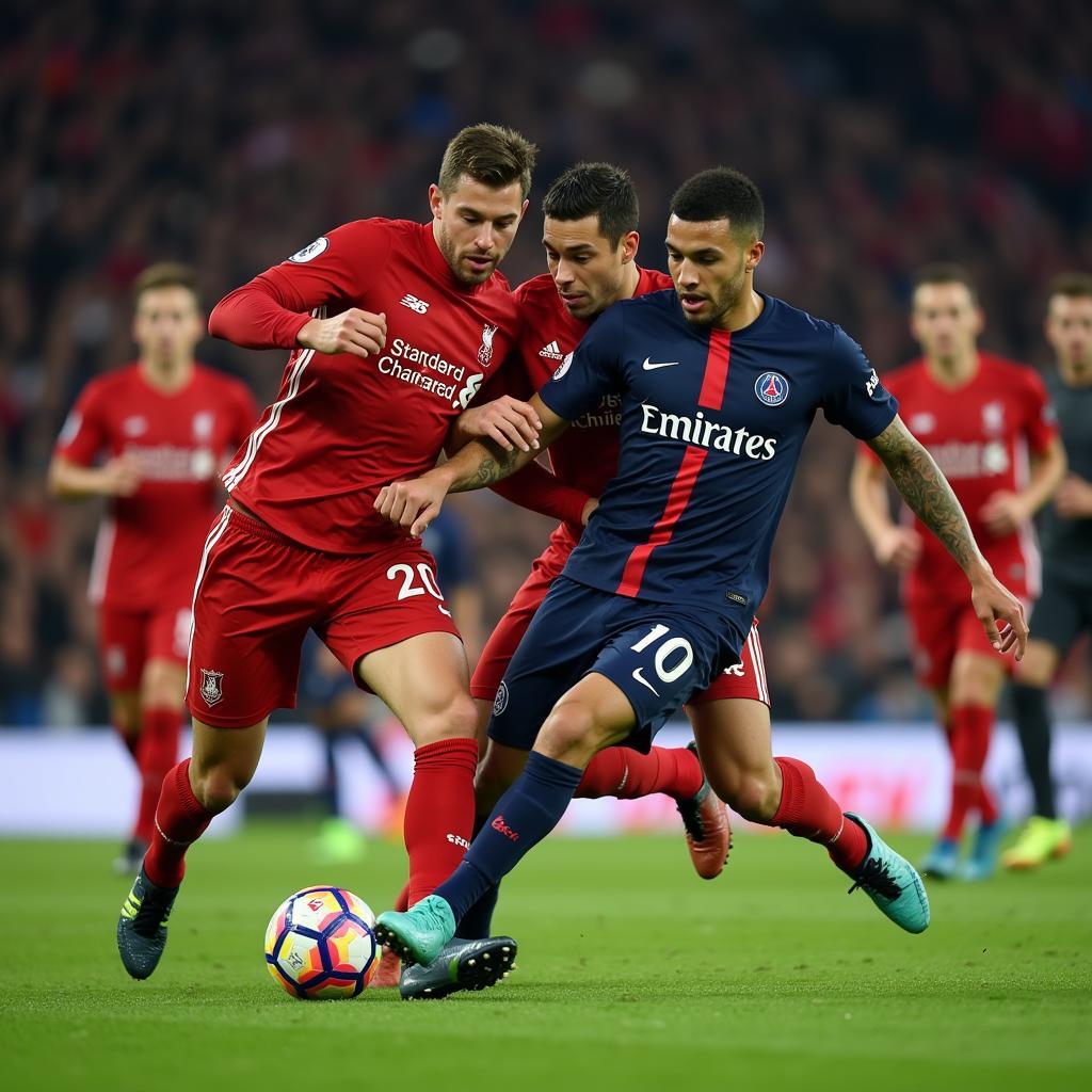 Cầu thủ PSG và Liverpool tranh chấp bóng quyết liệt