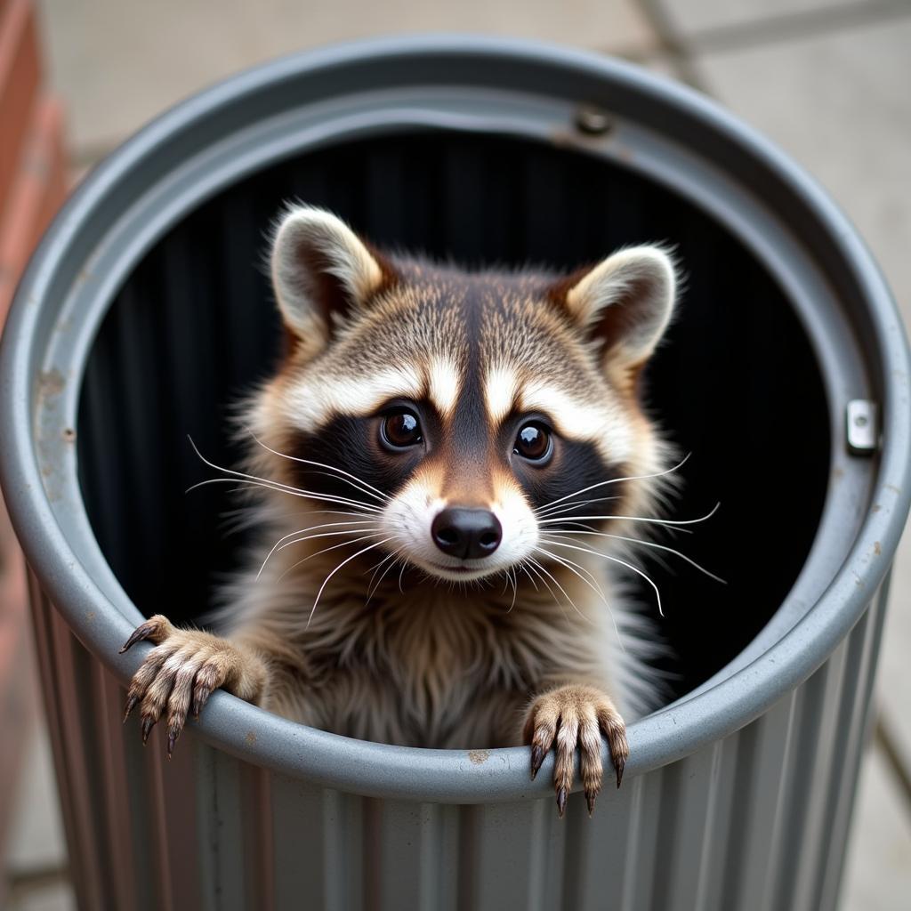 A raccoon peeking out of a trashcan