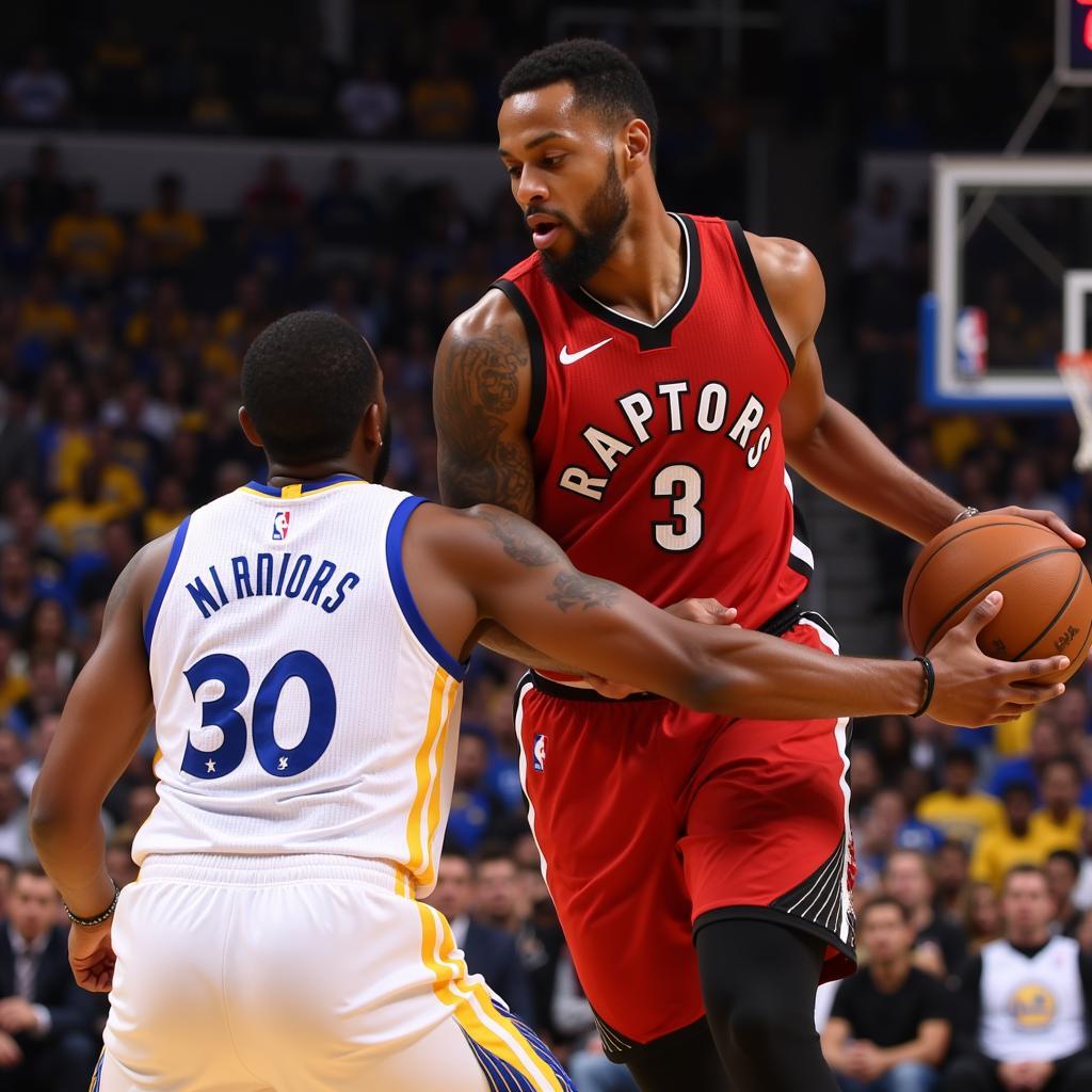 Cầu thủ Raptors và Warriors tranh bóng quyết liệt