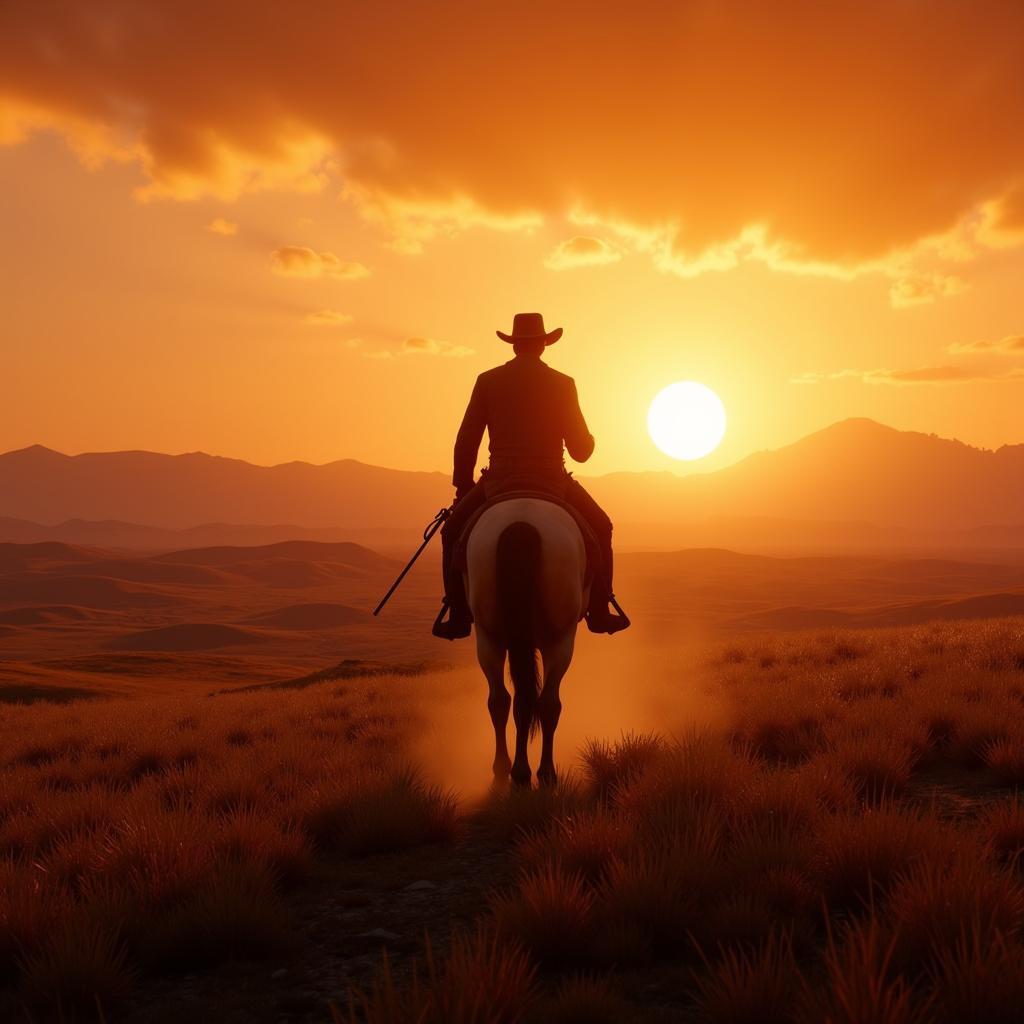 Arthur Morgan cưỡi ngựa trên nền hoàng hôn