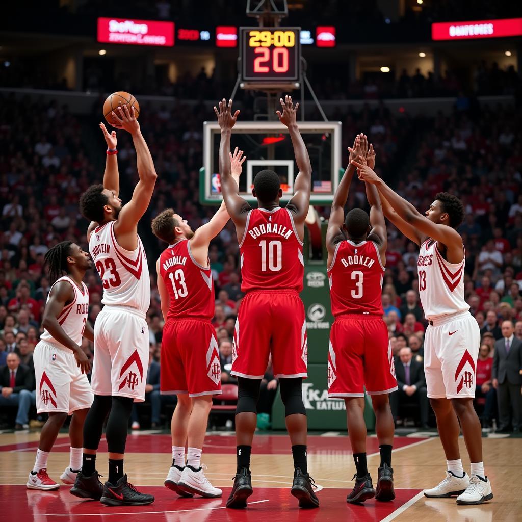 Rockets players attempting three-pointers