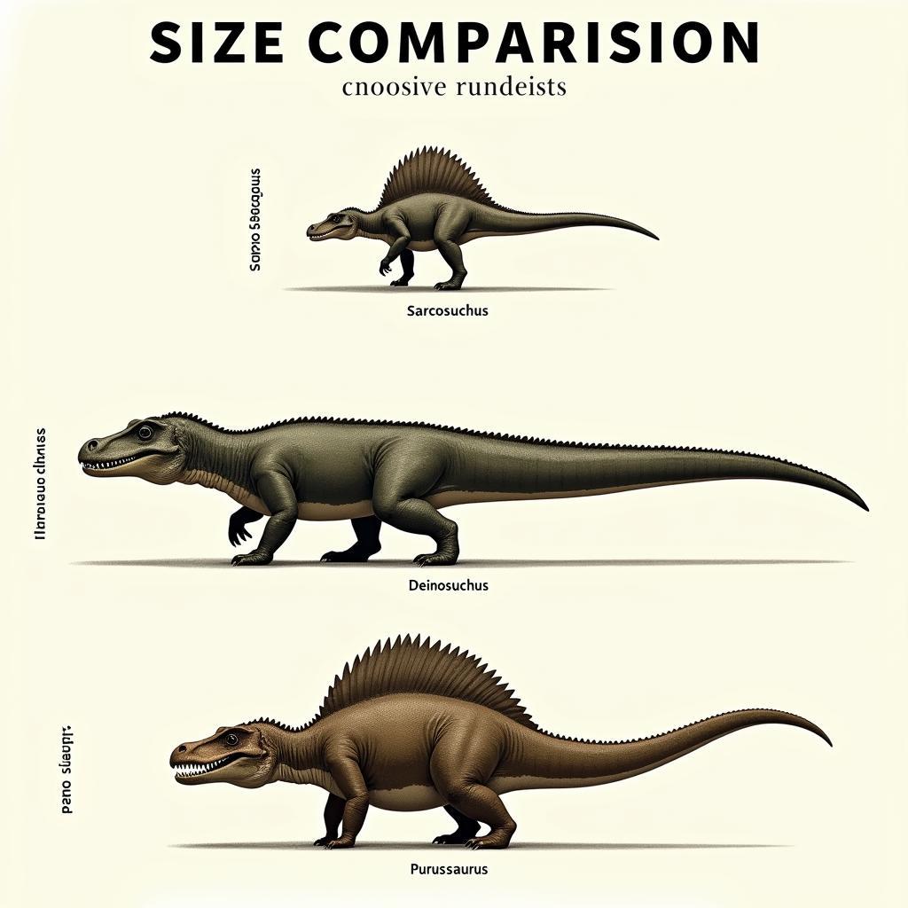 So sánh kích thước Sarcosuchus, Deinosuchus và Purussaurus