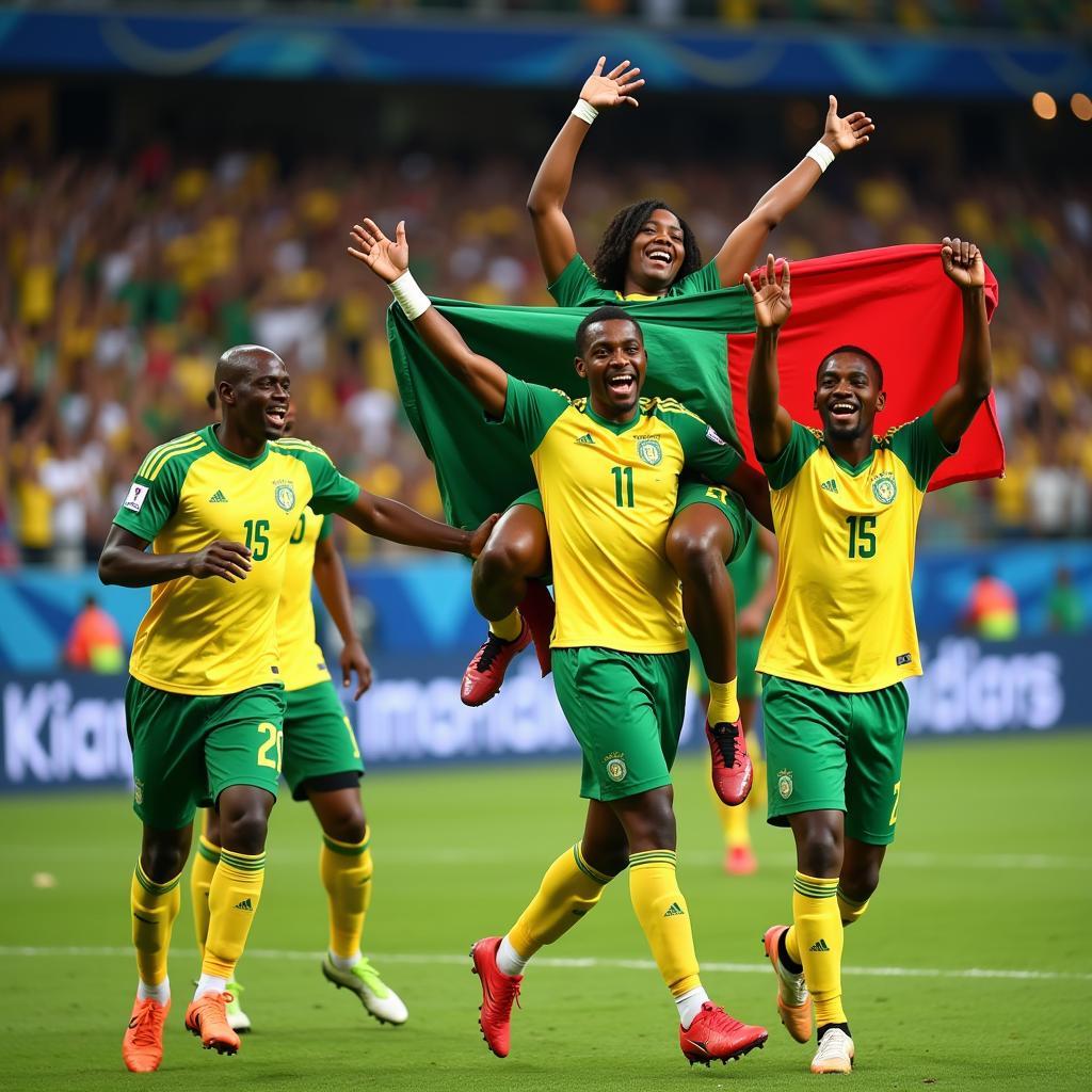 Senegal players celebrating a goal at the World Cup