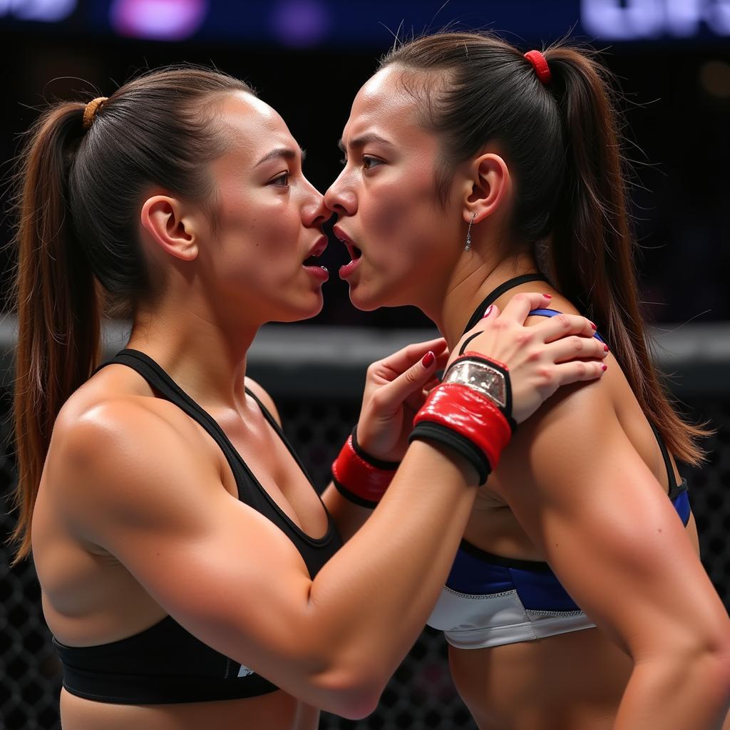 Shayna Baszler (trái) và Kairi Sane (phải) trong một pha tranh chấp quyết liệt.