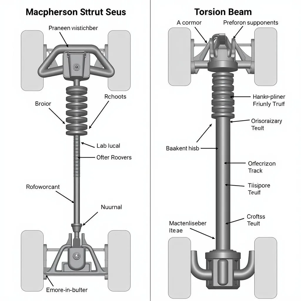 Hình ảnh so sánh trực quan hệ thống treo MacPherson Strut và Torsion Beam