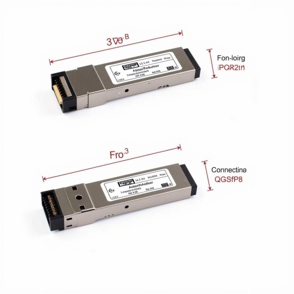 Hình ảnh minh họa so sánh trực quan giữa module QSFP28 và QSFP+ về kích thước, cổng kết nối và các thông số kỹ thuật quan trọng. 