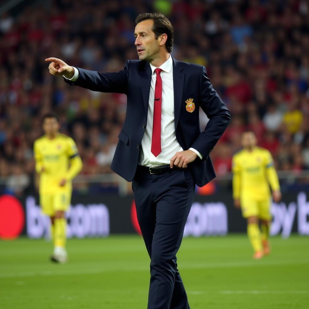 Huấn luyện viên Unai Emery chỉ đạo các cầu thủ Villarreal trong trận đấu với Bayern Munich