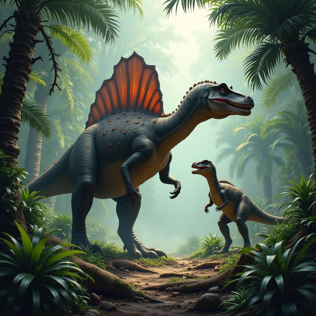 Spinosaurus và Giganotosaurus đối đầu trong một khu rừng