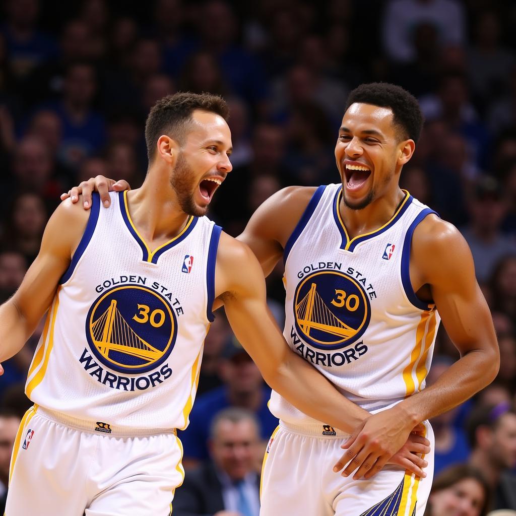 Stephen Curry và Klay Thompson ăn mừng bàn thắng