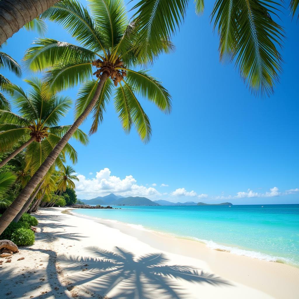 Subtropical Beach with Palm Trees and Blue Sky