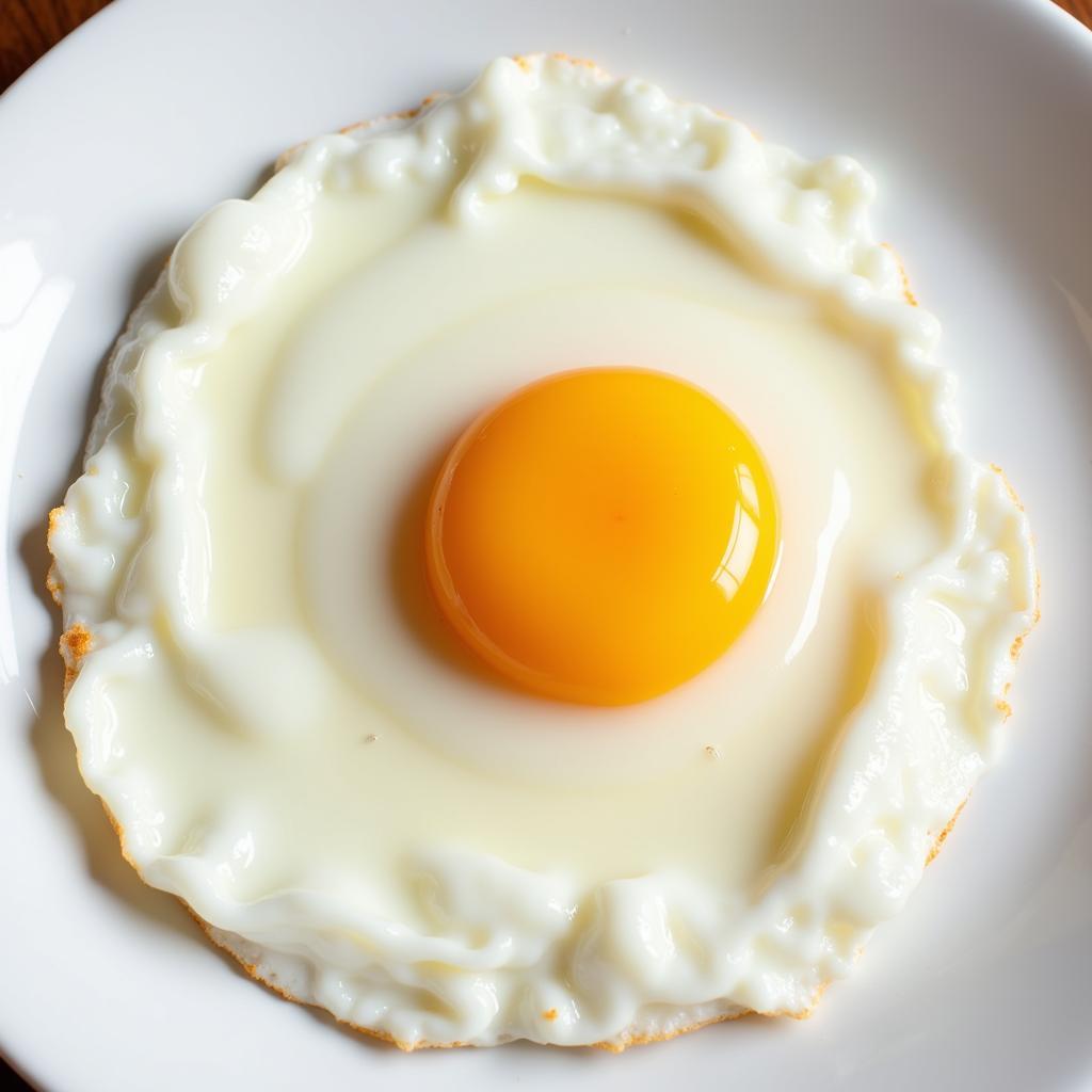 A sunny side up egg on a plate.