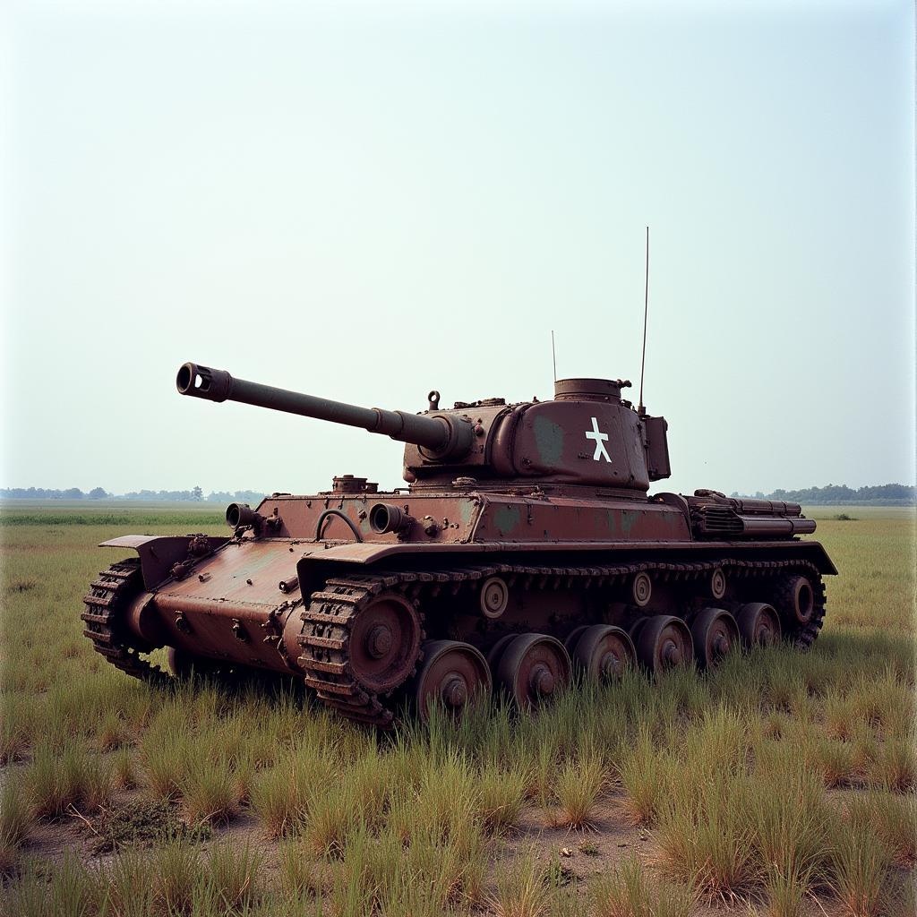 War Remnants: A destroyed tank in a field