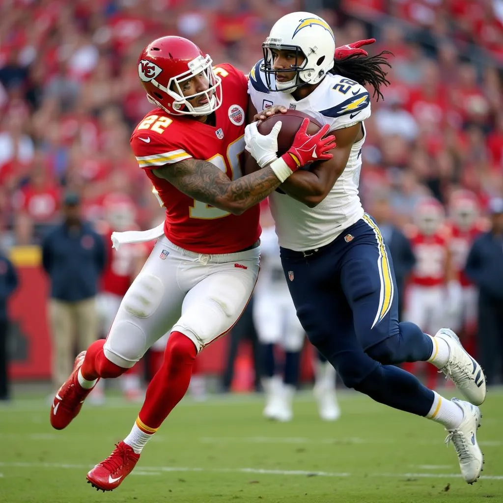 Travis Kelce và Keenan Allen tranh chấp bóng