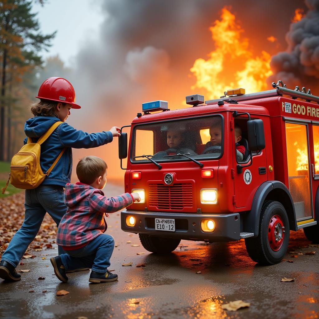 Children Interacting with Toy Fire Trucks During Playtime