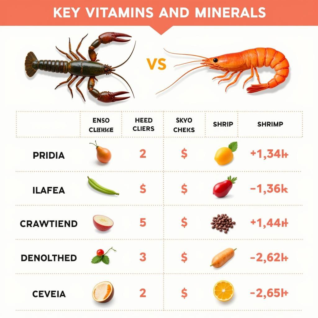 A chart comparing the vitamins and minerals found in crawfish and shrimp.