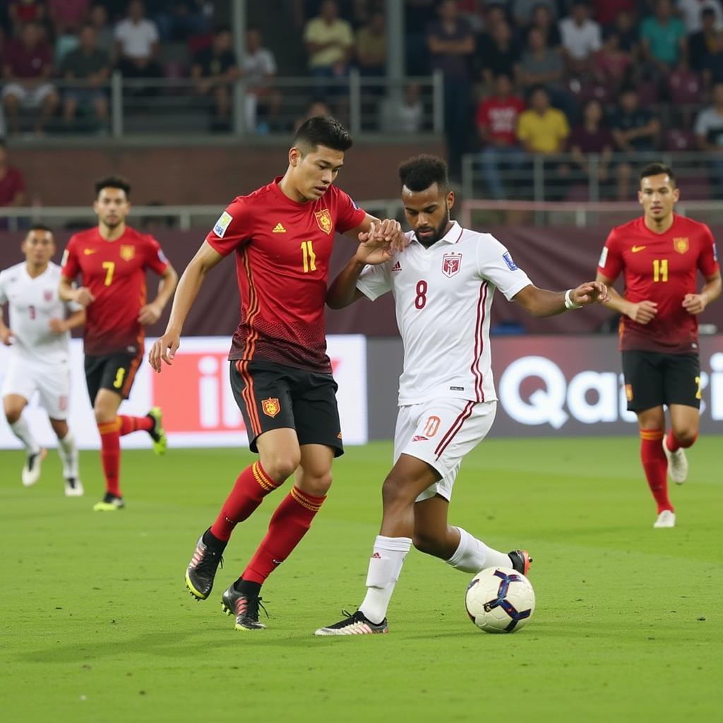 Cầu thủ hai đội tranh bóng quyết liệt trong trận đấu giữa U20 Việt Nam và U20 Qatar