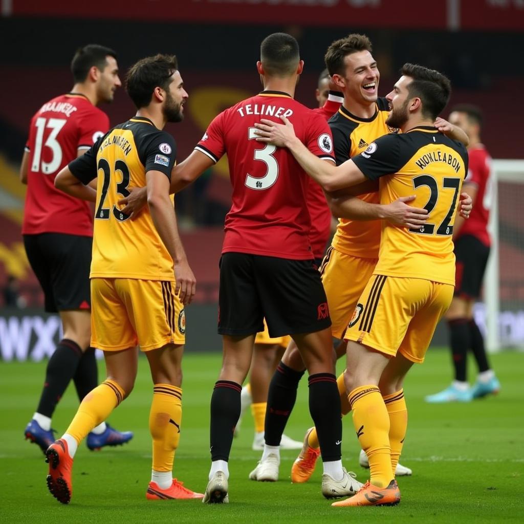 Cầu thủ Wolves ăn mừng chiến thắng trước MU trên sân Molineux