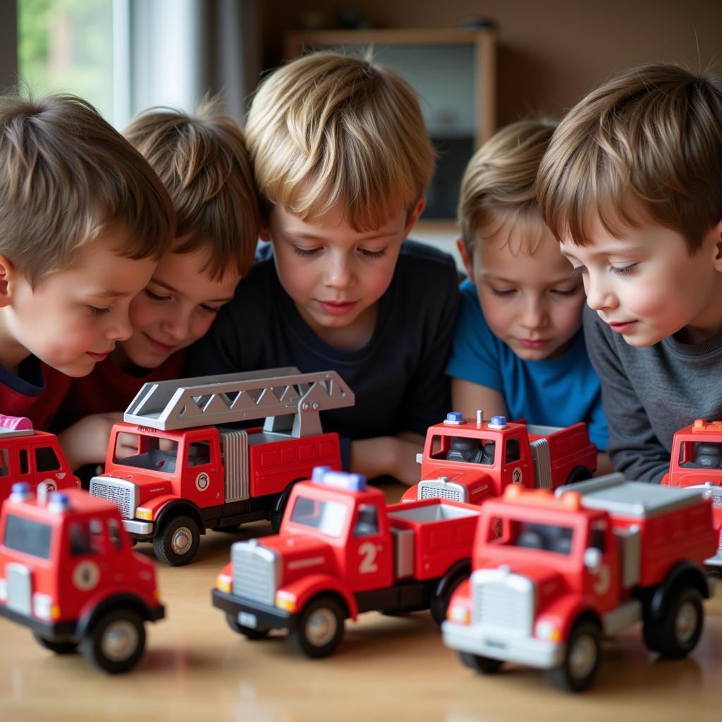 Children Playing with Toy Fire Trucks