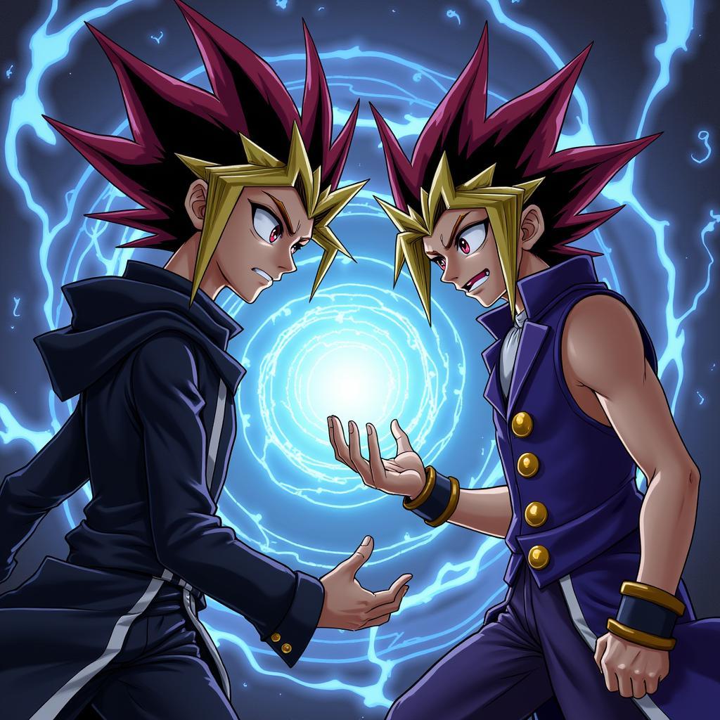 Yugi và Yami Yugi đối đầu trong một trận đấu bài đầy căng thẳng