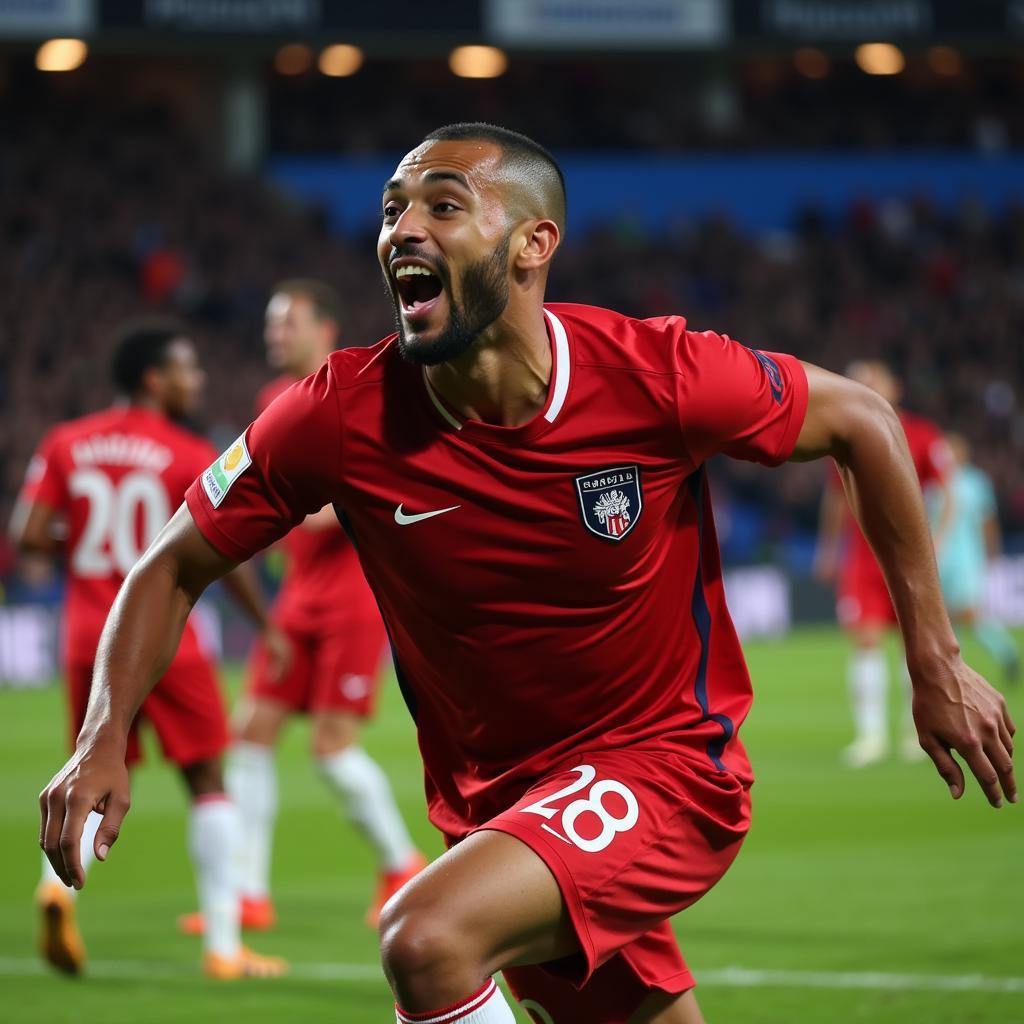 Hakim Ziyech celebrates scoring the winning goal for Chelsea against Man City