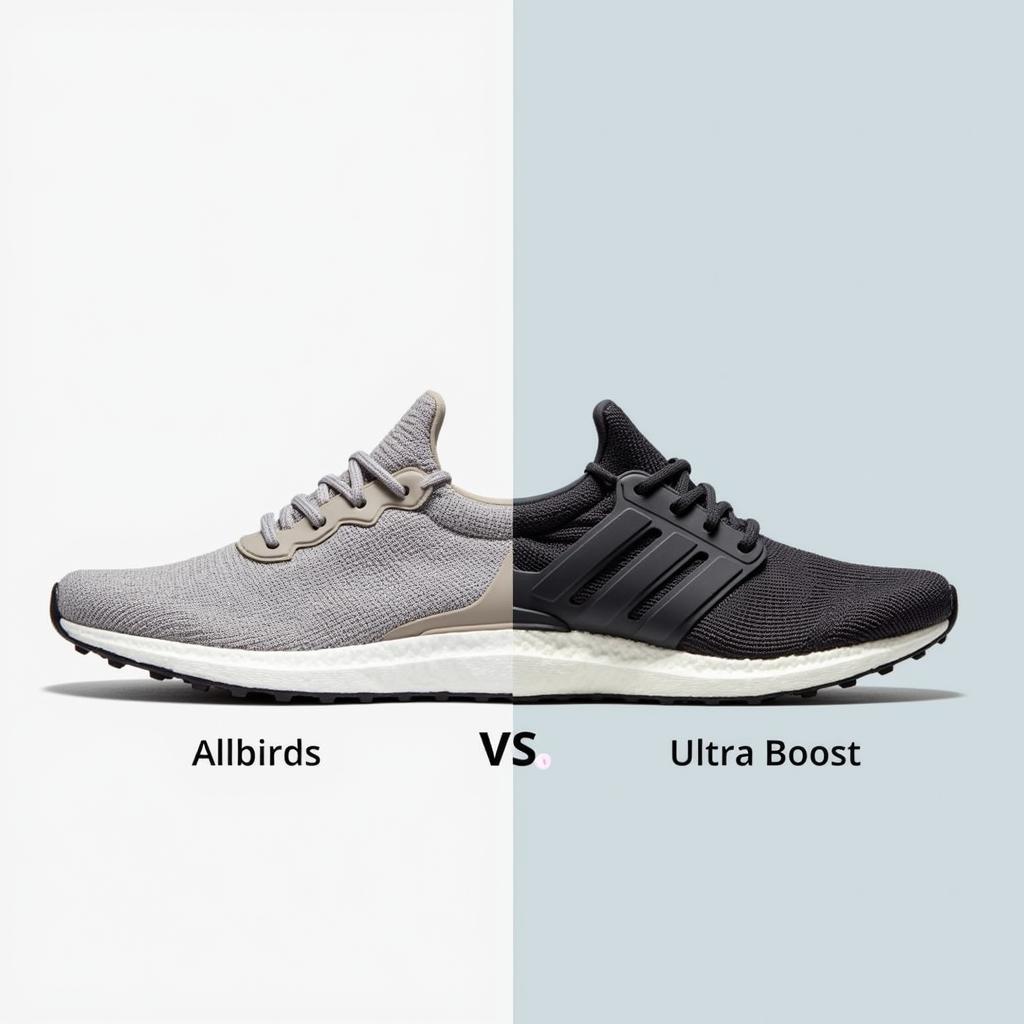 So sánh phong cách giữa Allbirds và Ultra Boost, Allbirds mang phong cách tối giản, tinh tế, Ultra Boost mang phong cách thể thao, năng động.