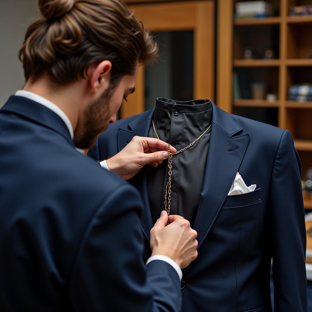 Bộ vest bespoke may đo thủ công với chất liệu cao cấp và đường may tinh tế.