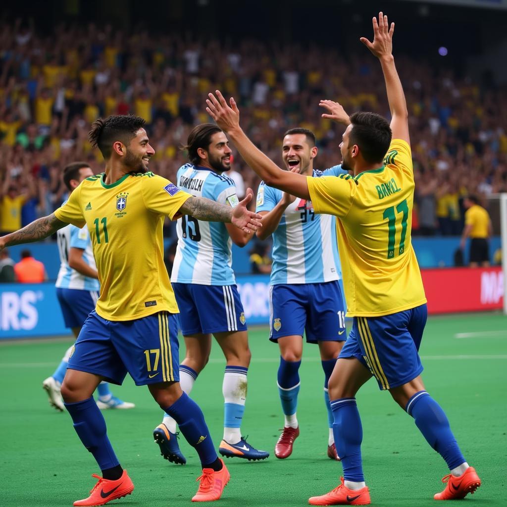 Cầu thủ ăn mừng chiến thắng trong trận đấu futsal Brazil vs Argentina 2021.