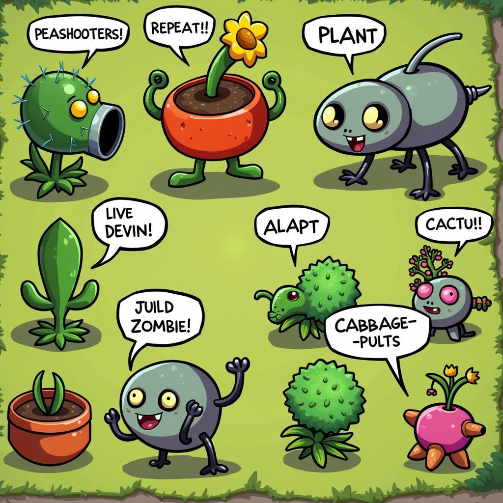 Các loại cây tấn công chủ lực trong Plants vs Zombies như Peashooter, Repeater, Cactus và Cabbage-pult.