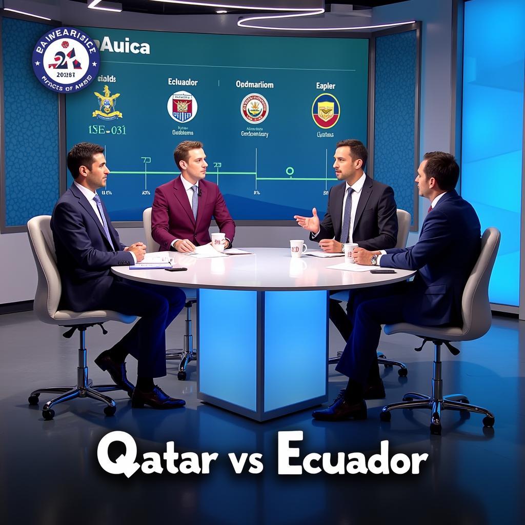 Dự đoán tỷ số Qatar vs Ecuador: Hình ảnh thể hiện các chuyên gia phân tích và dự đoán kết quả trận đấu.