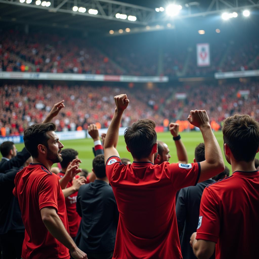 Football fans celebrating a goal in the stadium