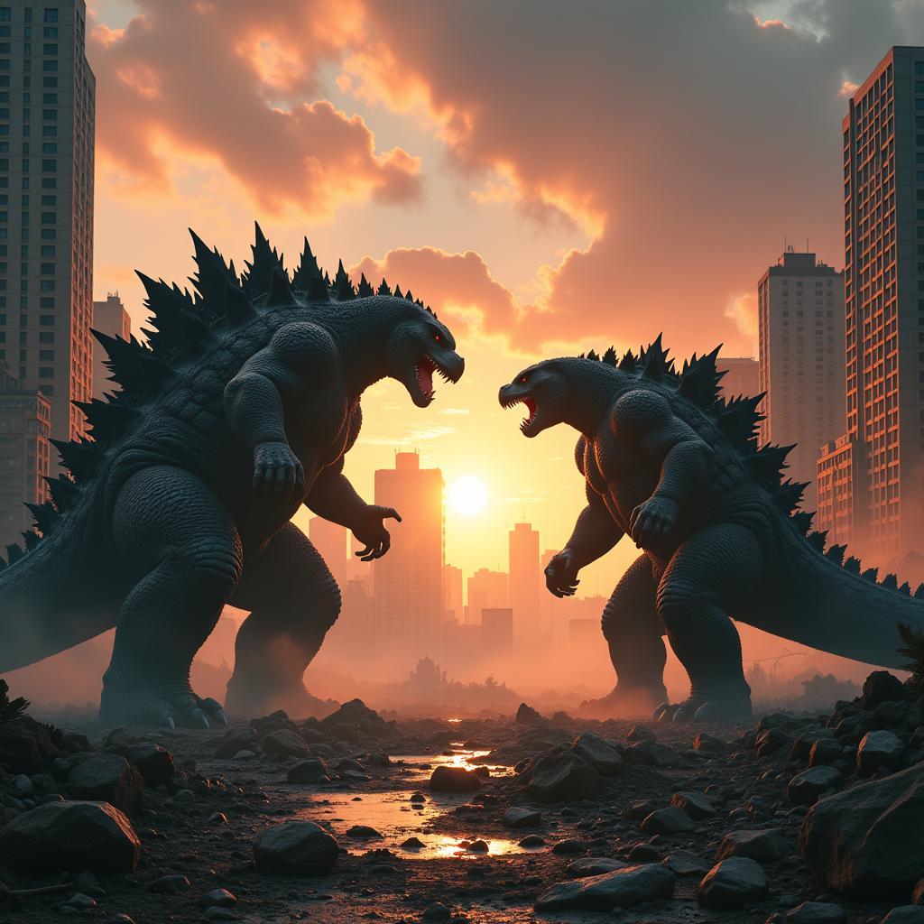 Godzilla và Kong đối đầu kinh điển: Hình ảnh hai quái vật đối mặt nhau giữa một thành phố đổ nát, Godzilla phóng tia nguyên tử về phía Kong.