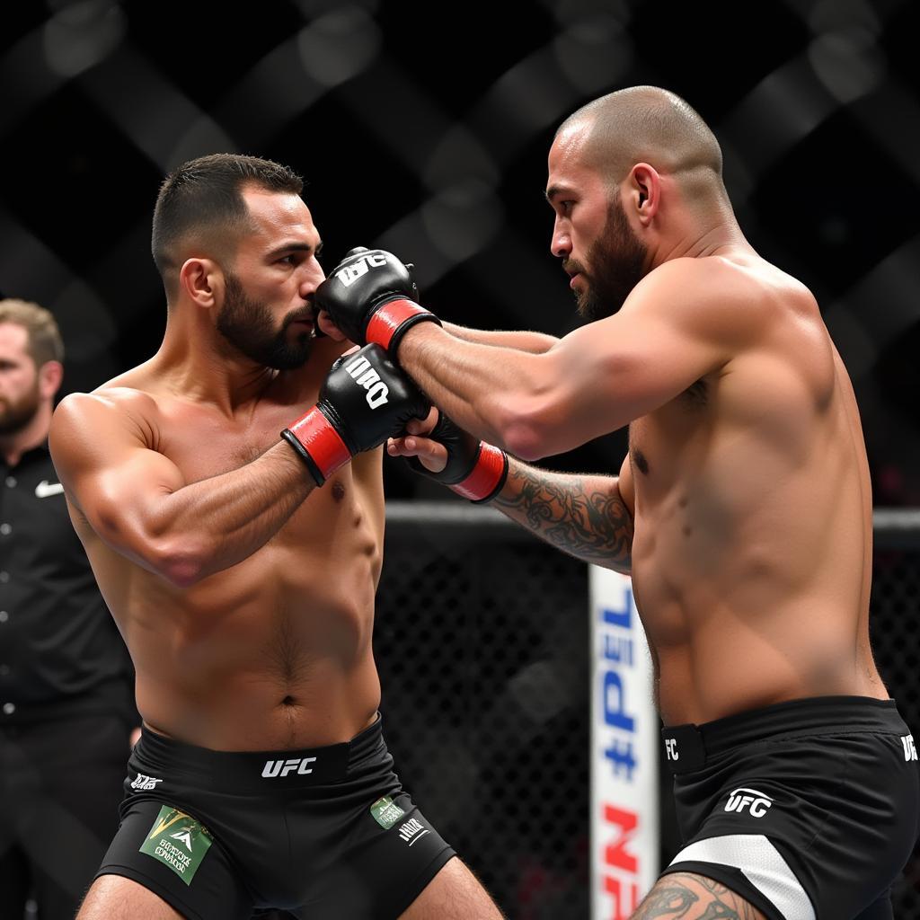 Jorge Masvidal lands a powerful strike against Nate Diaz in the first round