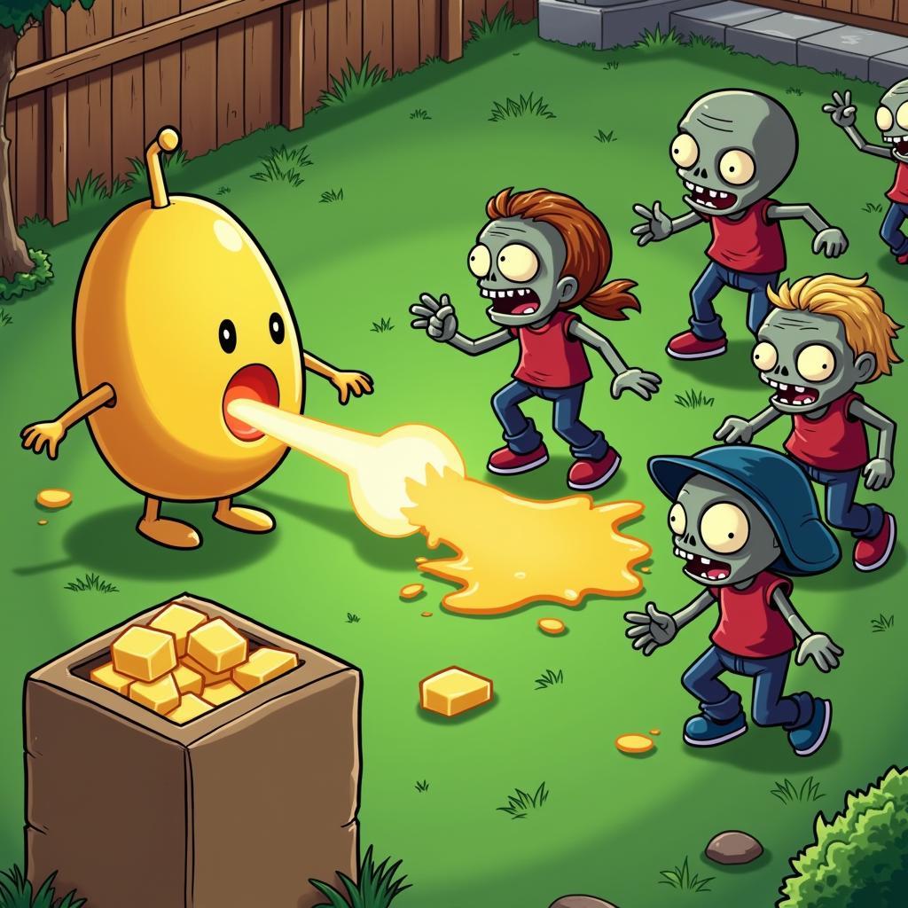 Kernel-pult firing butter at a group of zombies