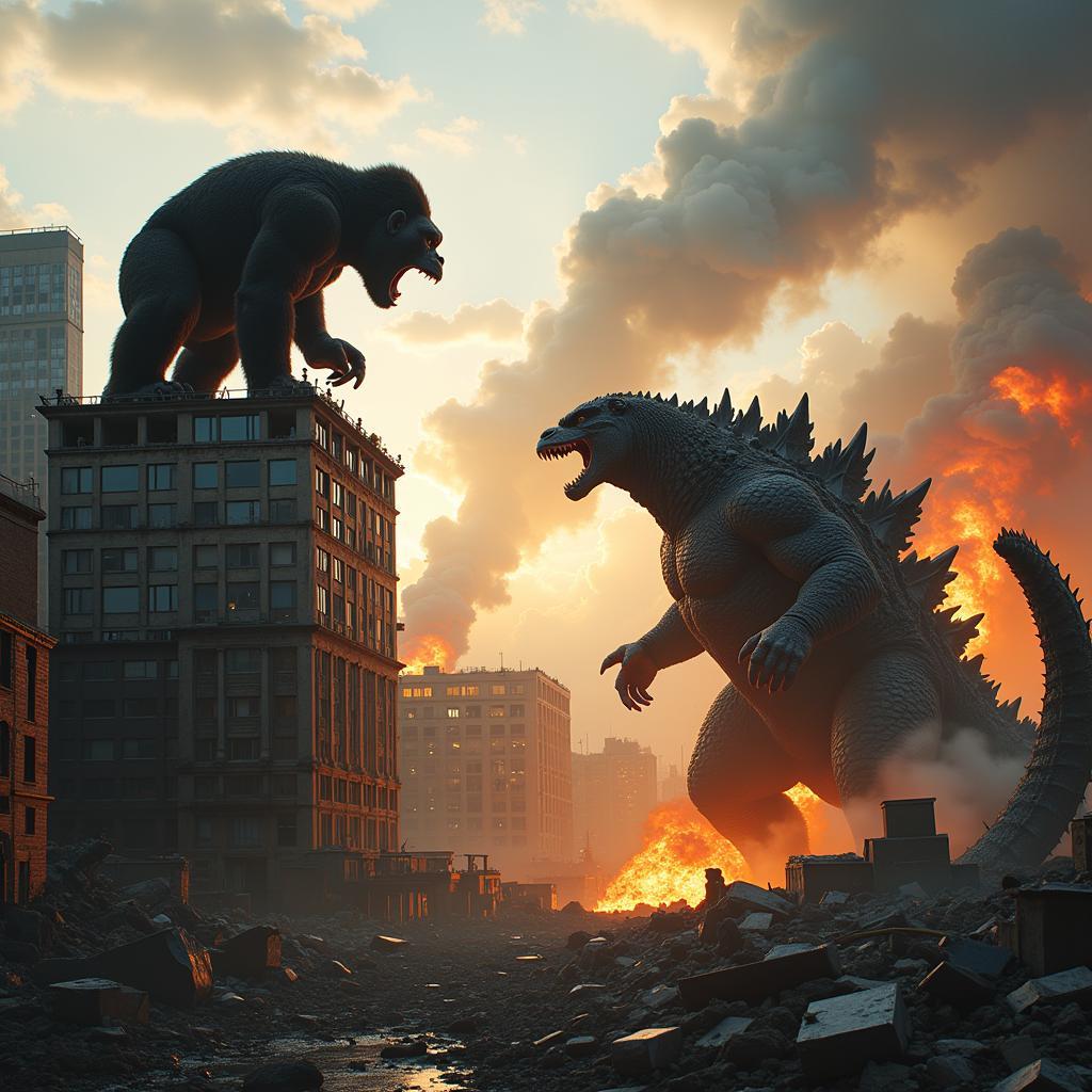 King Kong và Godzilla đối đầu giữa thành phố đổ nát