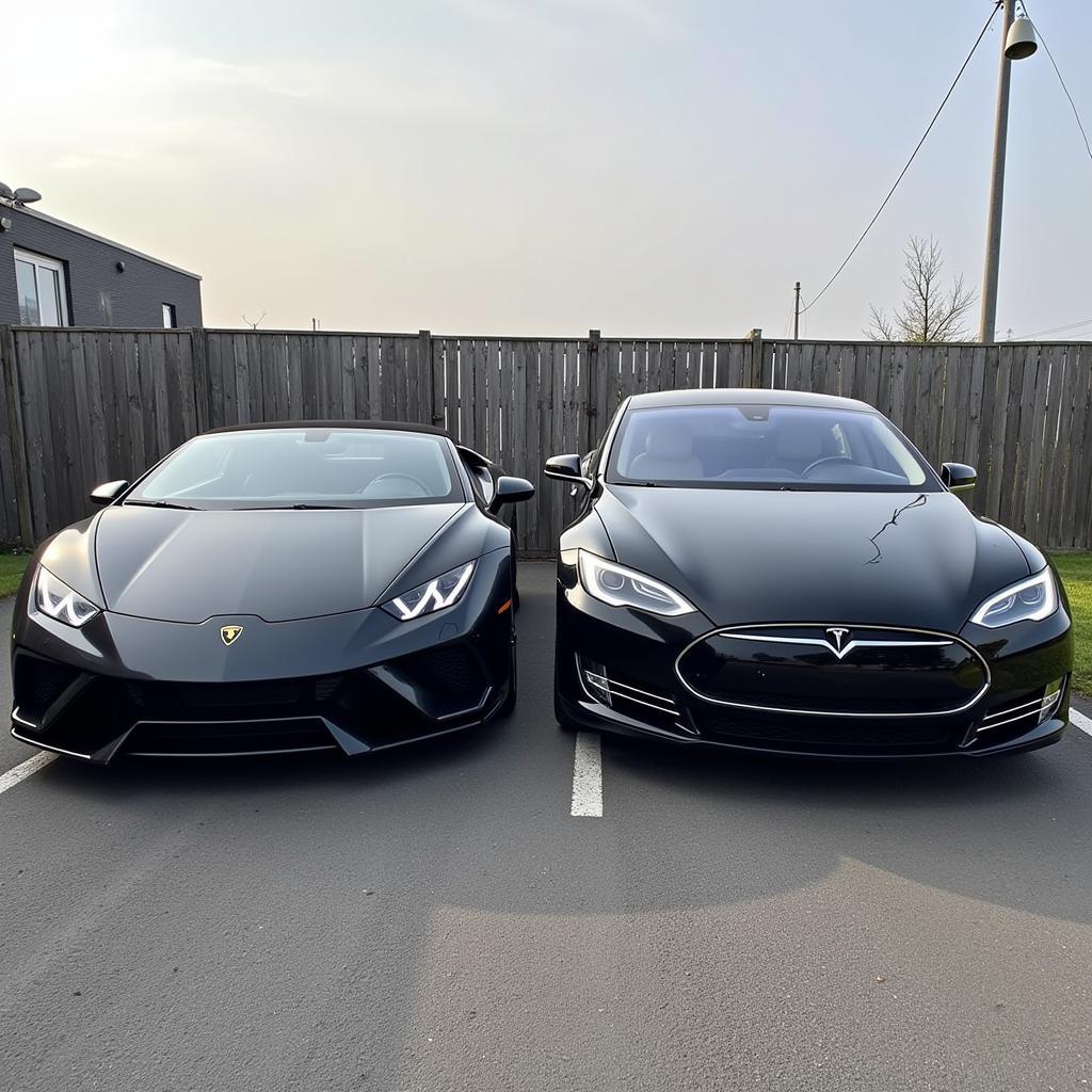 Lamborghini Aventador và Tesla Model S đậu cạnh nhau