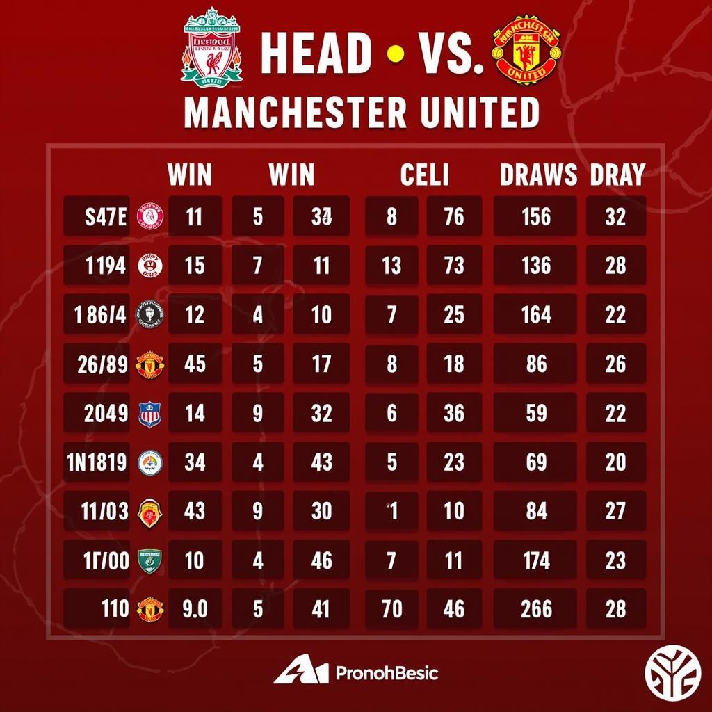 Biểu đồ thể hiện lịch sử đối đầu giữa Liverpool và Manchester United qua các mùa giải, với số liệu thống kê về số trận thắng, hòa và thua của mỗi đội.