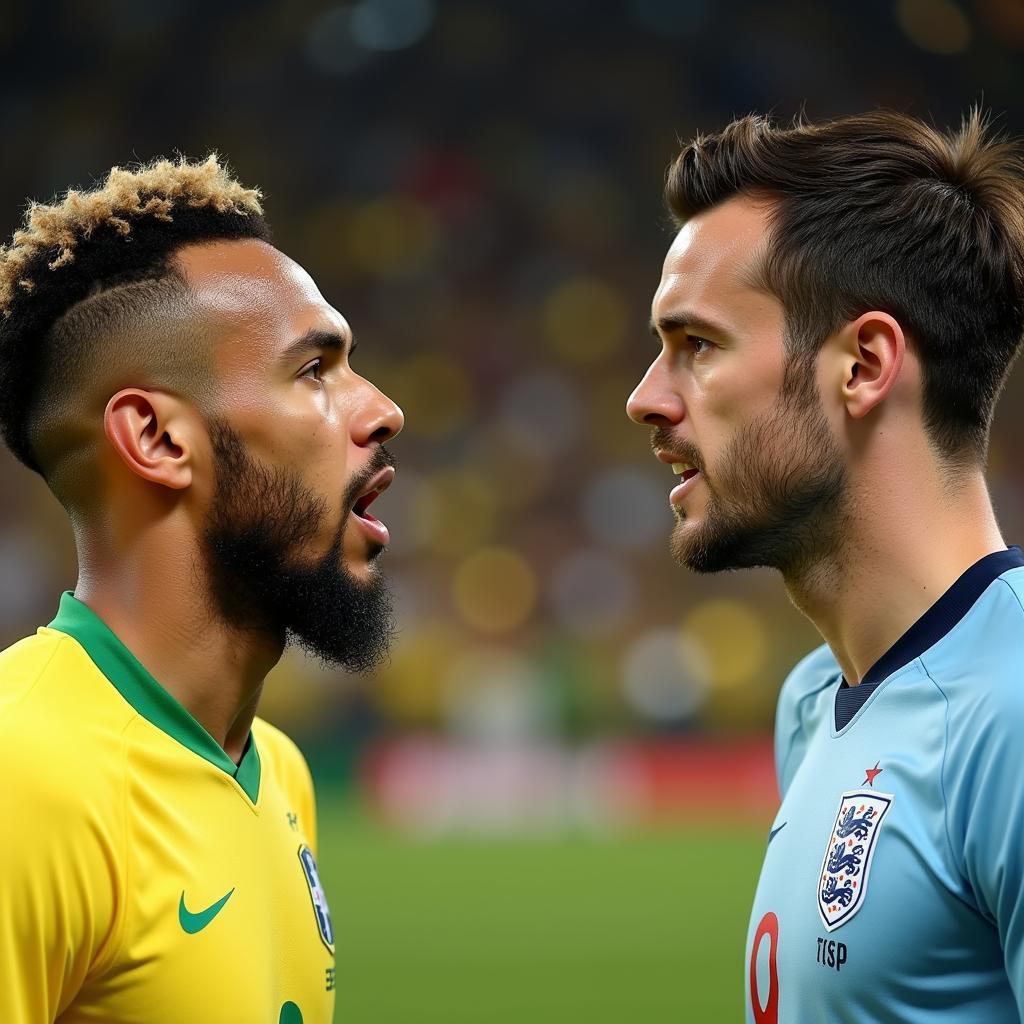 Neymar và Harry Kane đối đầu trong một trận đấu giữa Brazil và Anh.