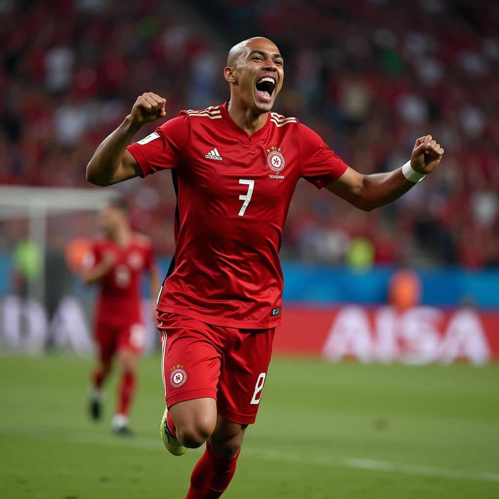 Tỉ Số Pháp vs Tunisia World Cup 2022: Hình ảnh ghi lại khoảnh khắc Wahbi Khazri ghi bàn thắng duy nhất cho Tunisia vào lưới Pháp.