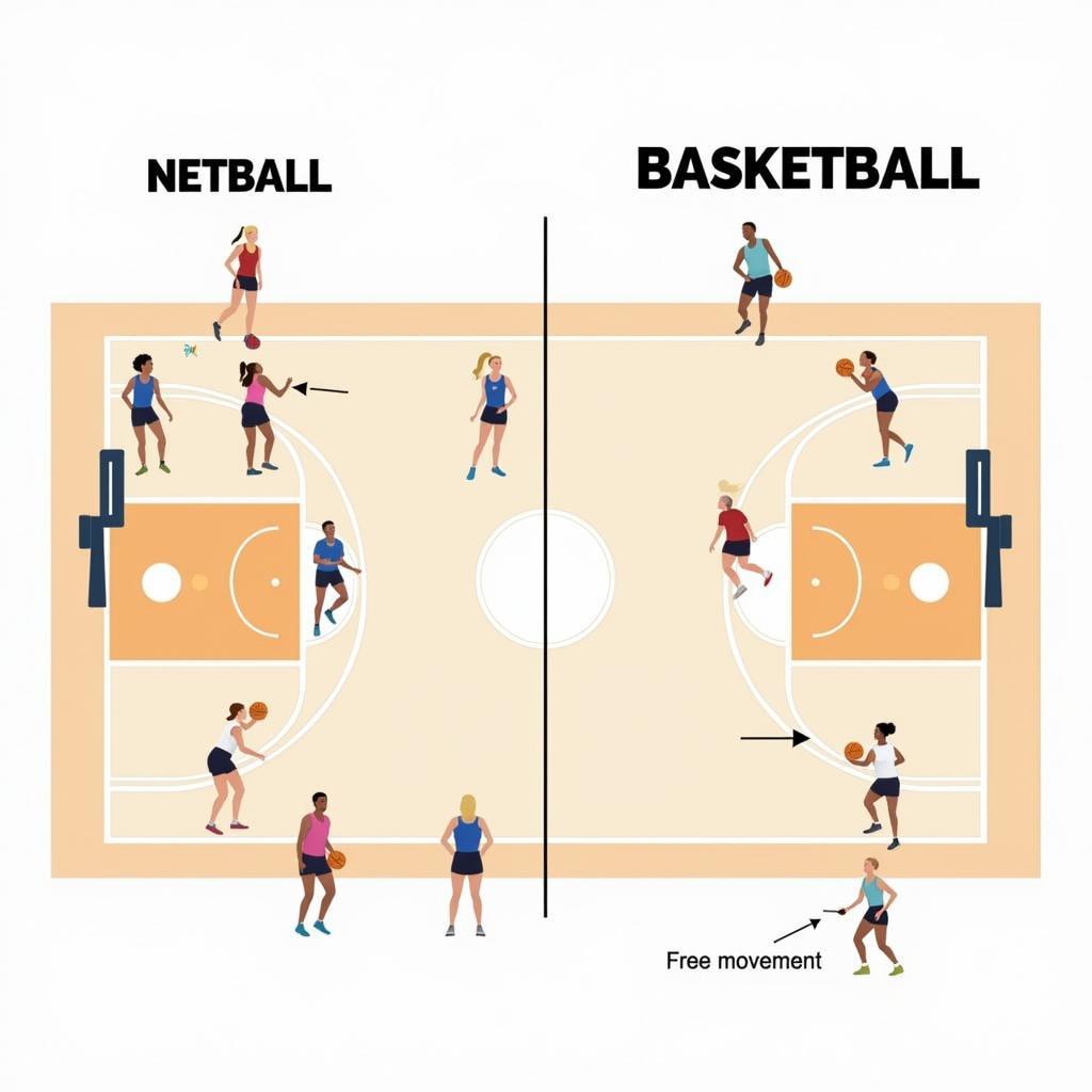 So sánh số lượng người chơi trên sân netball và basketball