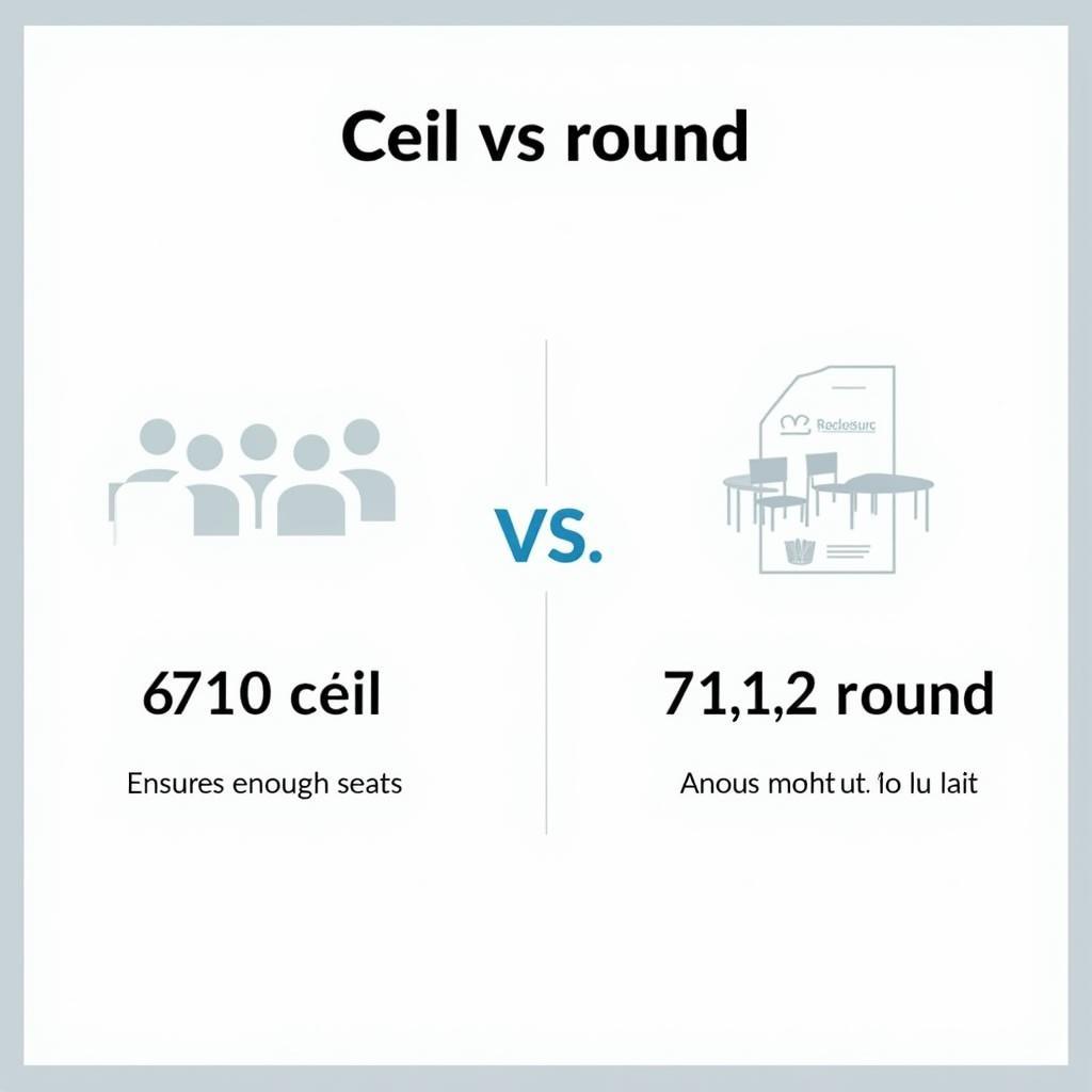 So sánh ceil vs round trong việc tính toán số ghế ngồi cần thiết cho một sự kiện. Minh họa cách ceil đảm bảo đủ chỗ ngồi, trong khi round có thể dẫn đến thiếu chỗ.