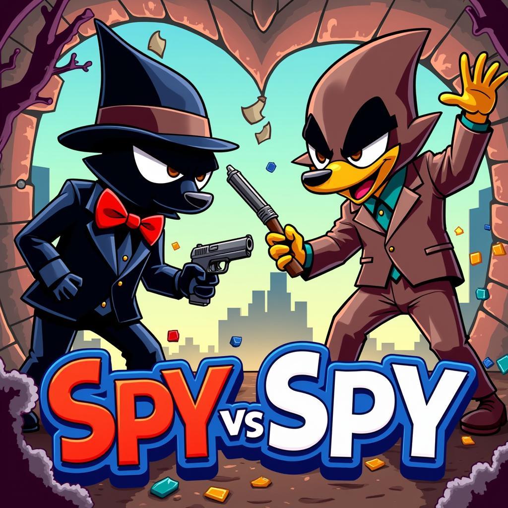 Hình ảnh minh họa trò chơi điện tử Spy vs Spy, với hai điệp viên đang đặt bẫy và tấn công nhau trong một môi trường đầy màu sắc.