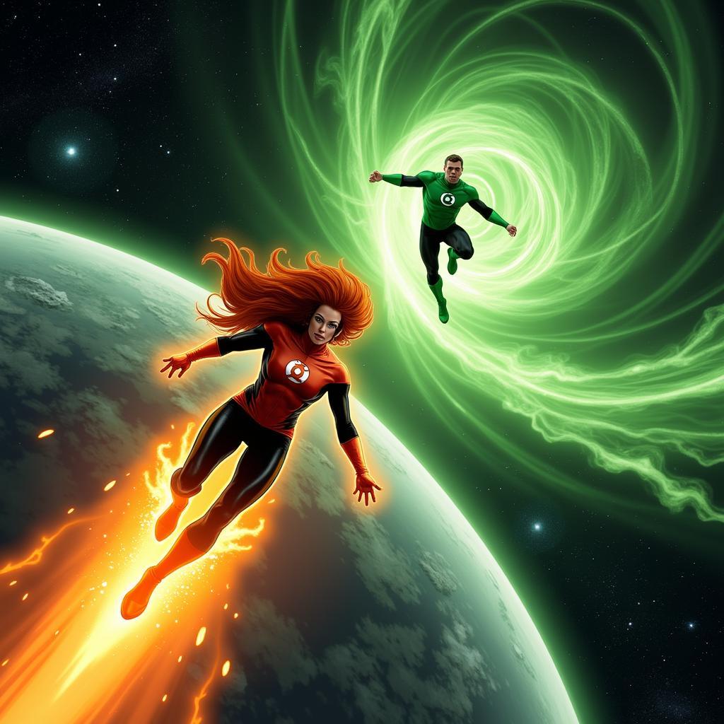 Starfire bay với tốc độ cao và Green Lantern bay trong vũ trụ