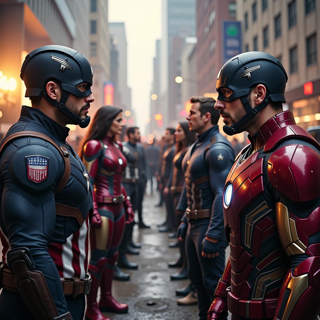 Đội hình Team Iron Man và Team Cap đối đầu căng thẳng trong Civil War